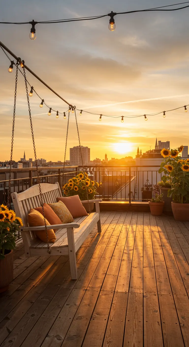 Dakterras met houten schommelbank, zonnebloemen in potten, lichtslingers en een gouden zonsondergang.