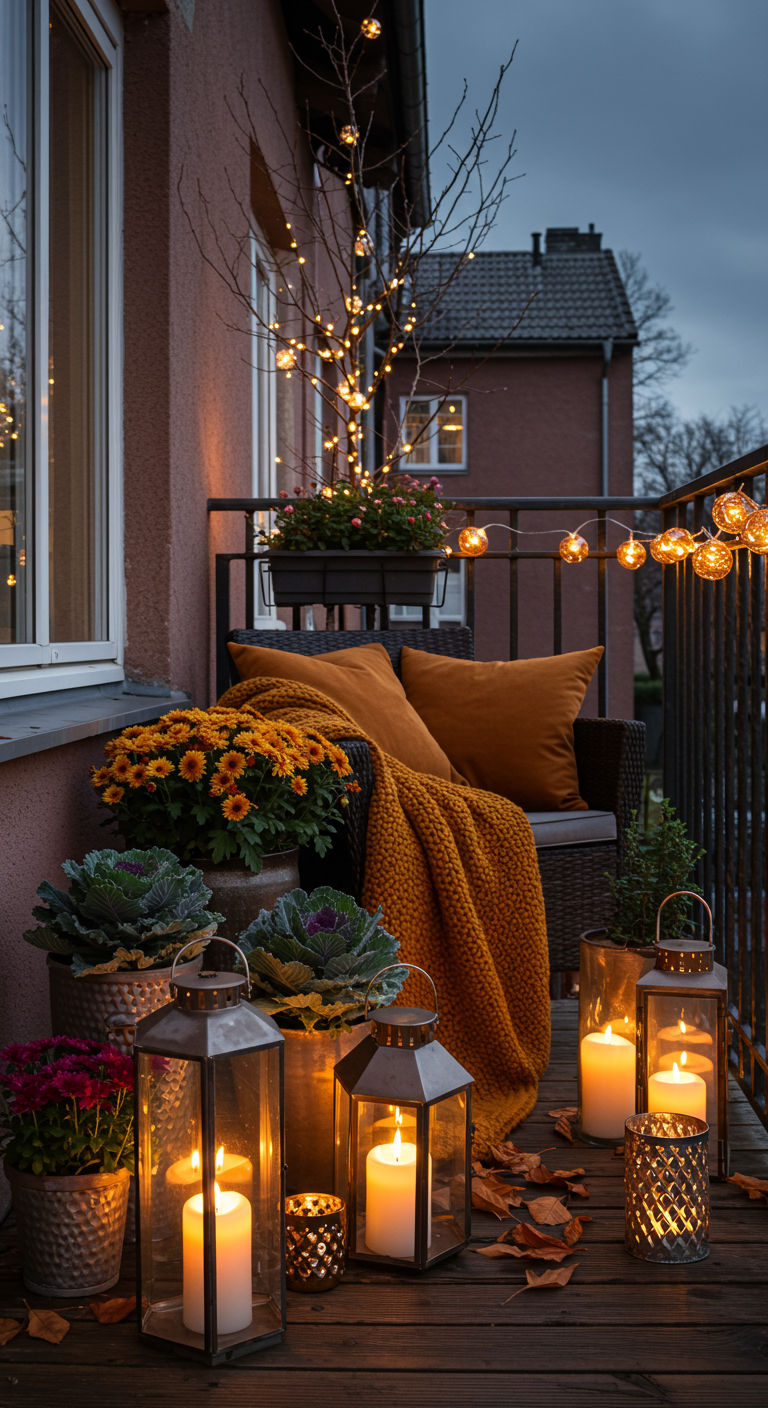 Knus herfstbalkon met oranje chrysanten, sierkolen, lantaarns met kaarsen en een warme plaid.