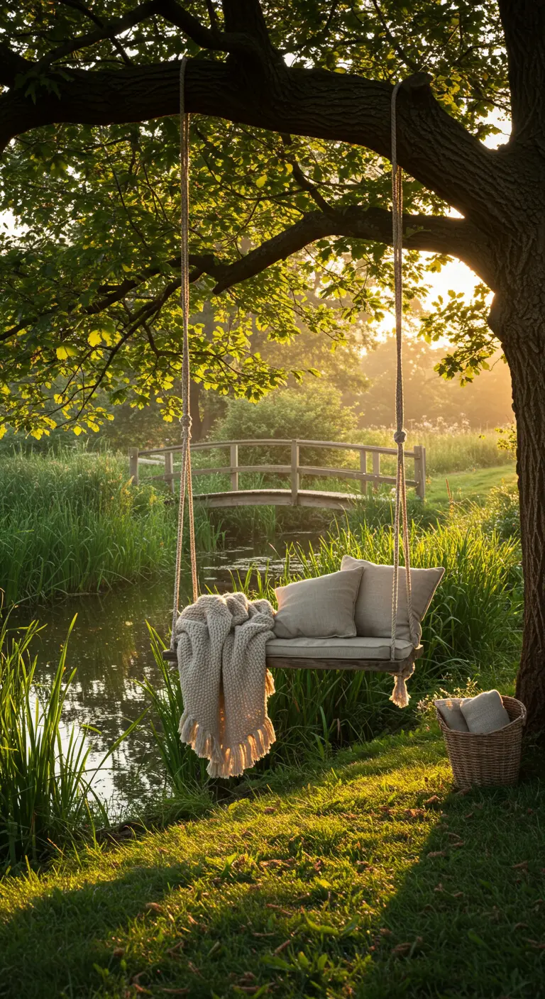 Houten schommel met kussens en dekens onder een boom aan een vijver in gouden zonlicht, met brug op achtergrond.