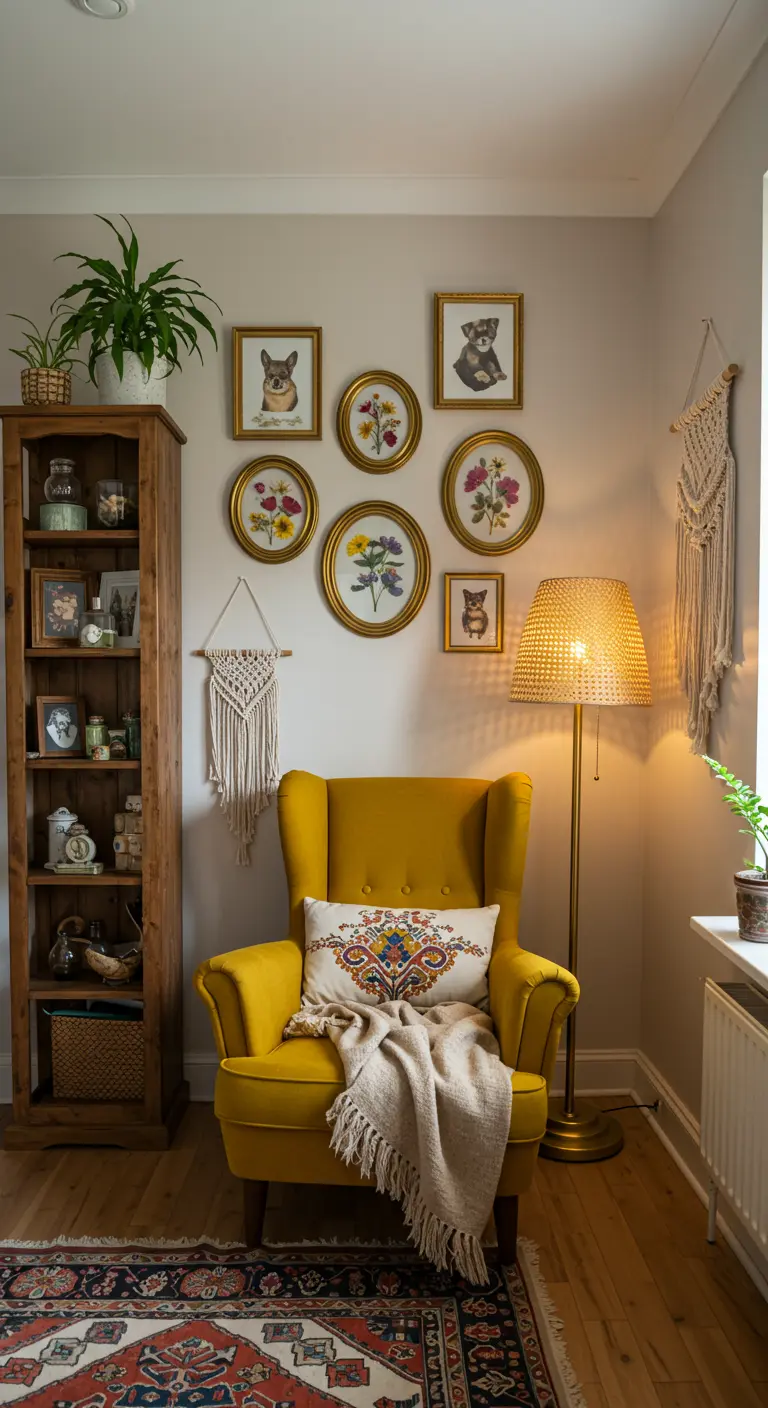Galerijwand met diverse gouden lijsten en illustraties boven een gele fauteuil.