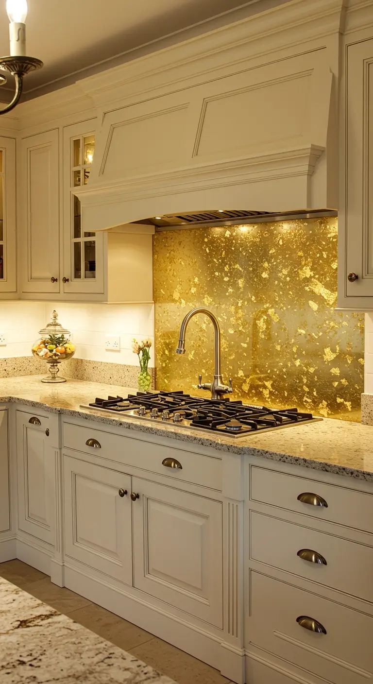 Klassieke witte keuken met een goudgespikkelde glazen achterwand en luxe details.