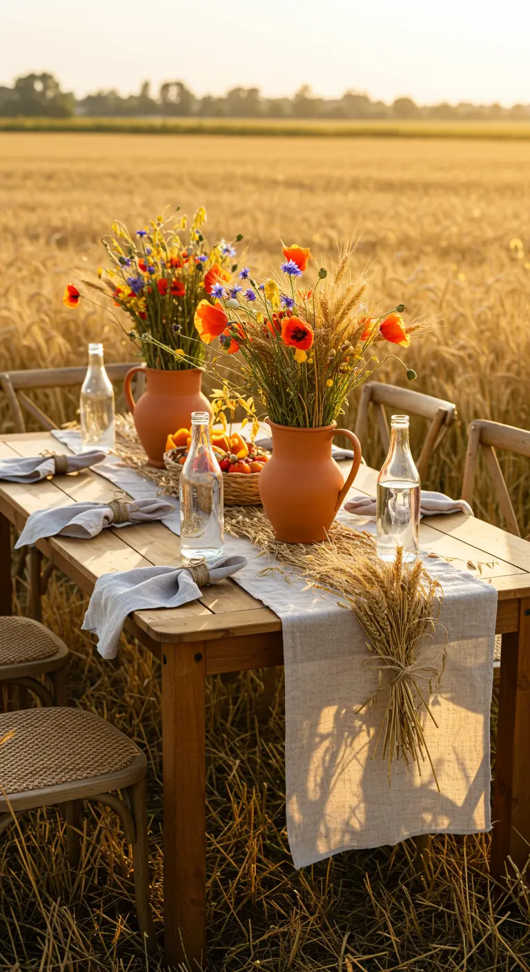 Houten tafel in graanveld met terracotta kruiken, gevuld met graan, klaprozen en korenbloemen.