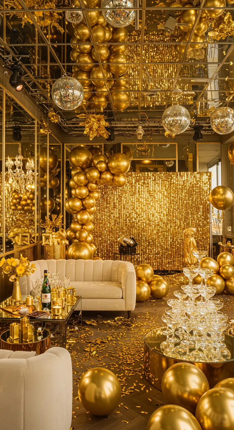 Overdadige gouden feestdecoratie met ballonnen, discoballen en spiegelplafond.