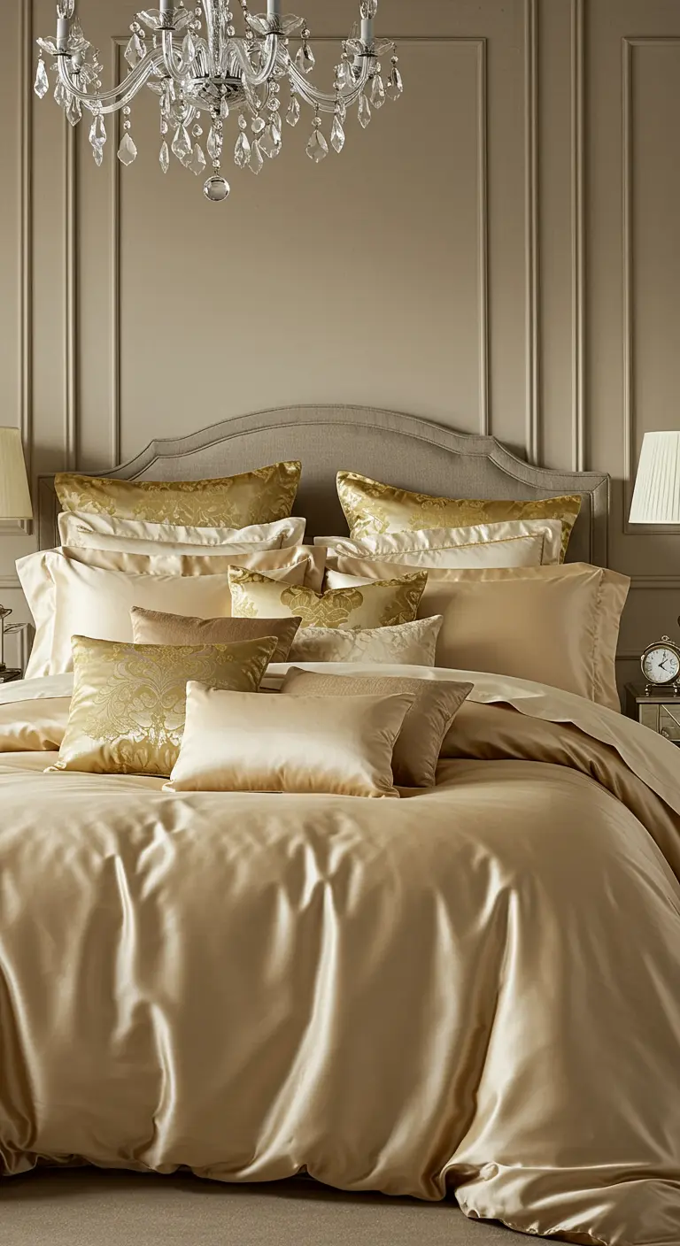Luxueus bed met goudkleurig satijnen beddengoed, veel kussens en een kroonluchter.