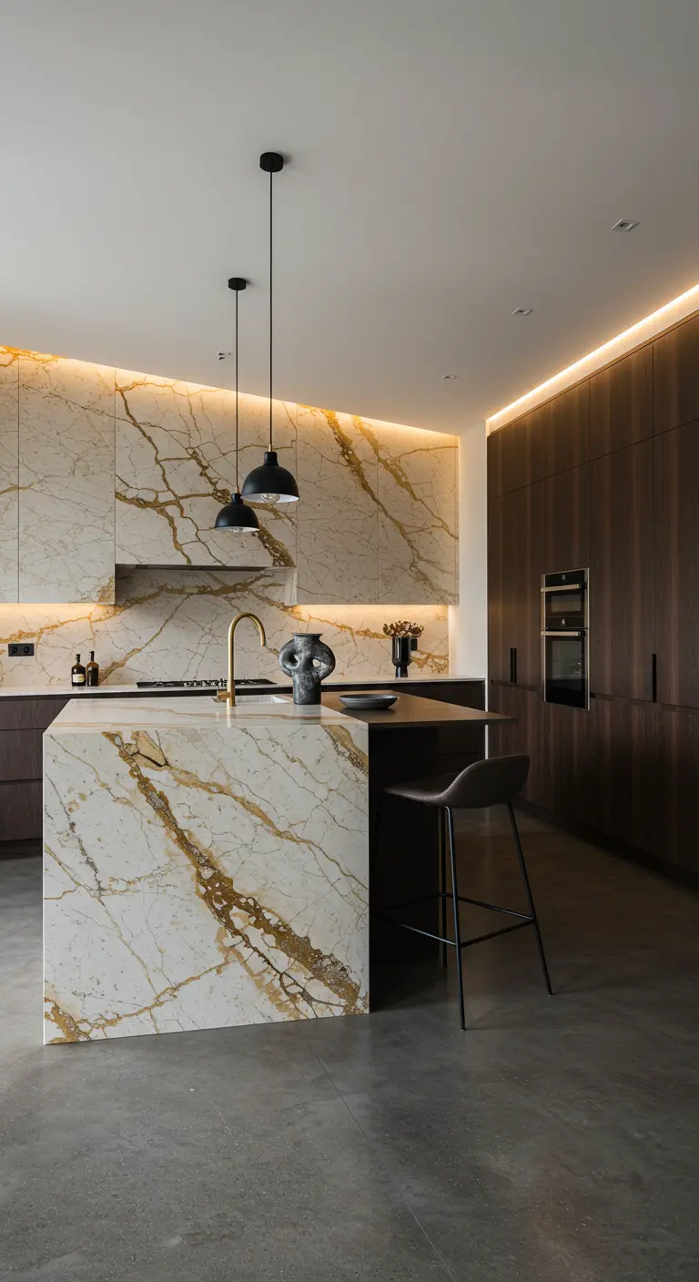 Moderne keuken met goudgeaderd marmeren eiland en achterwand, donker hout.