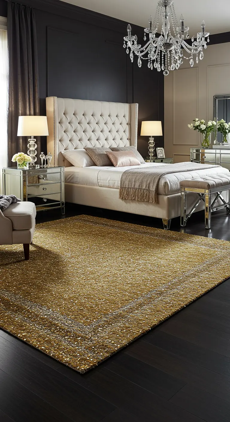 Elegante slaapkamer met een groot, goudkleurig glanzend vloerkleed.