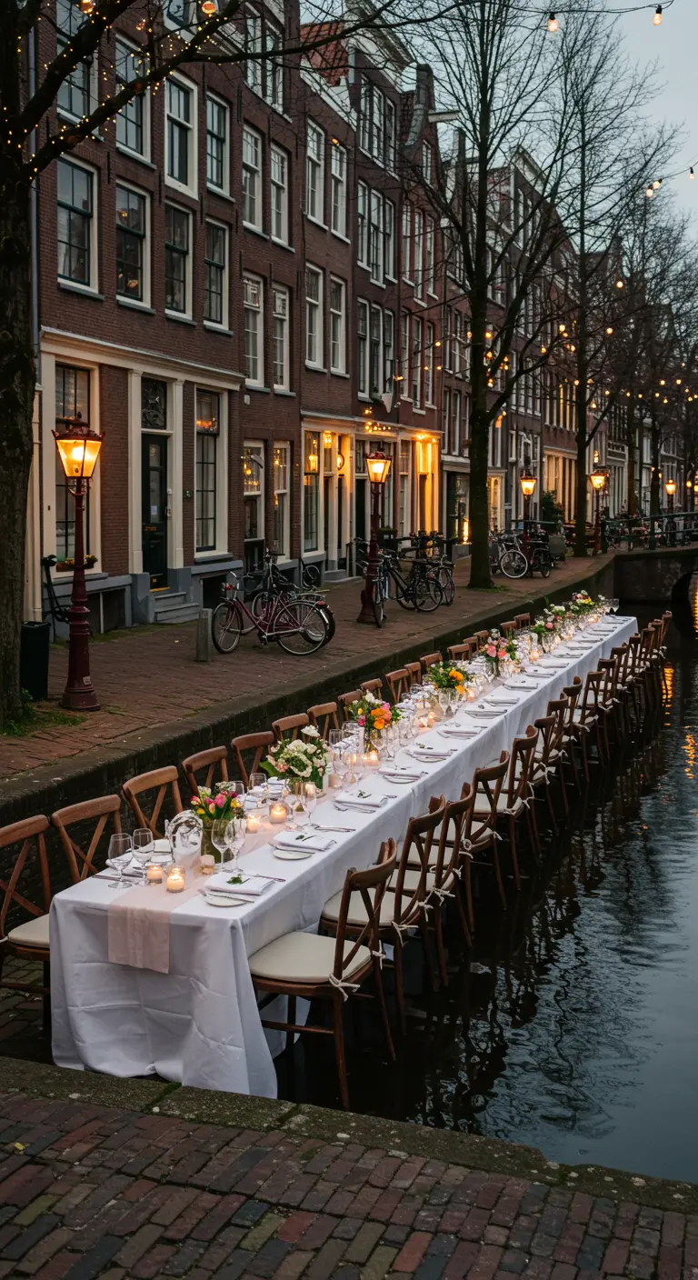 Lange, elegante dinertafel langs een gracht in de stad bij schemering.