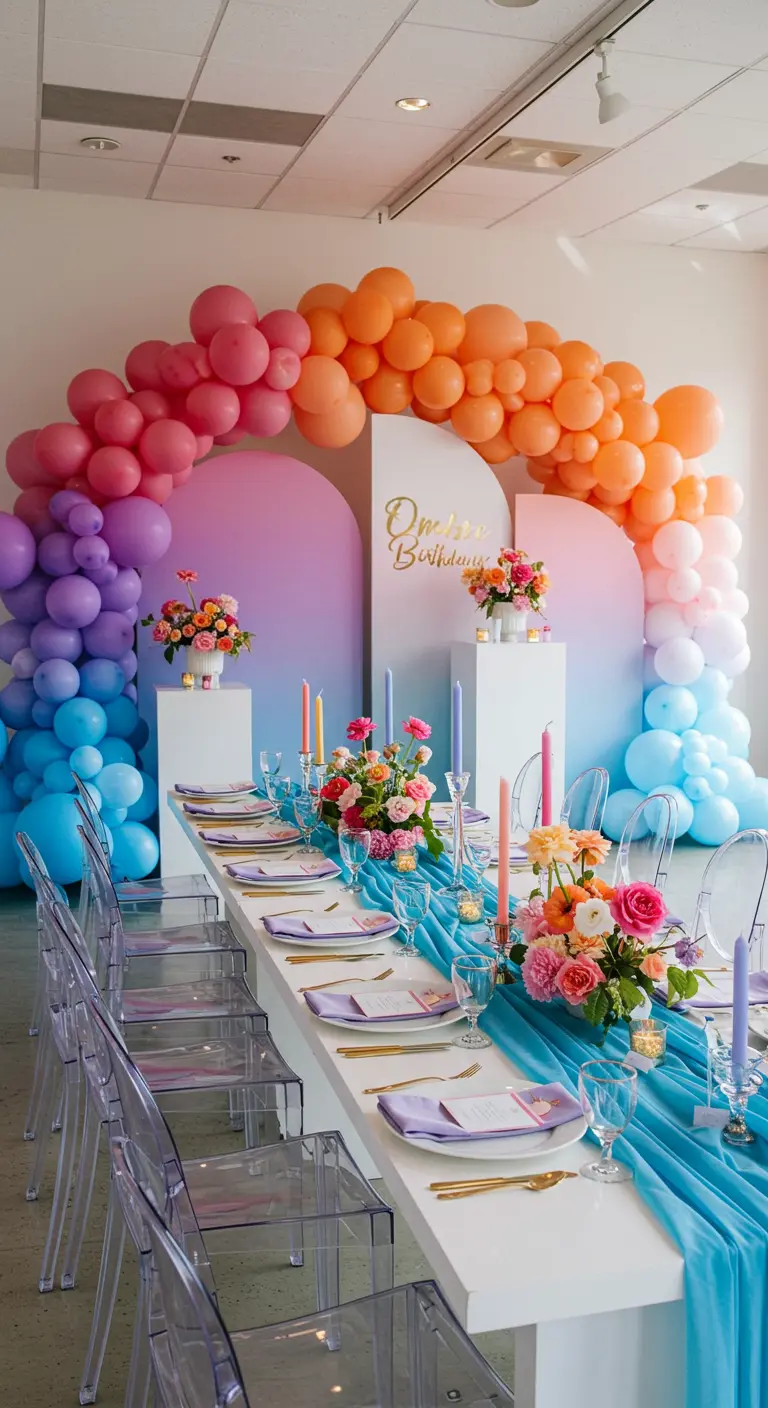 Moderne feesttafel met grote ombre ballonnenboog in paars en blauw.