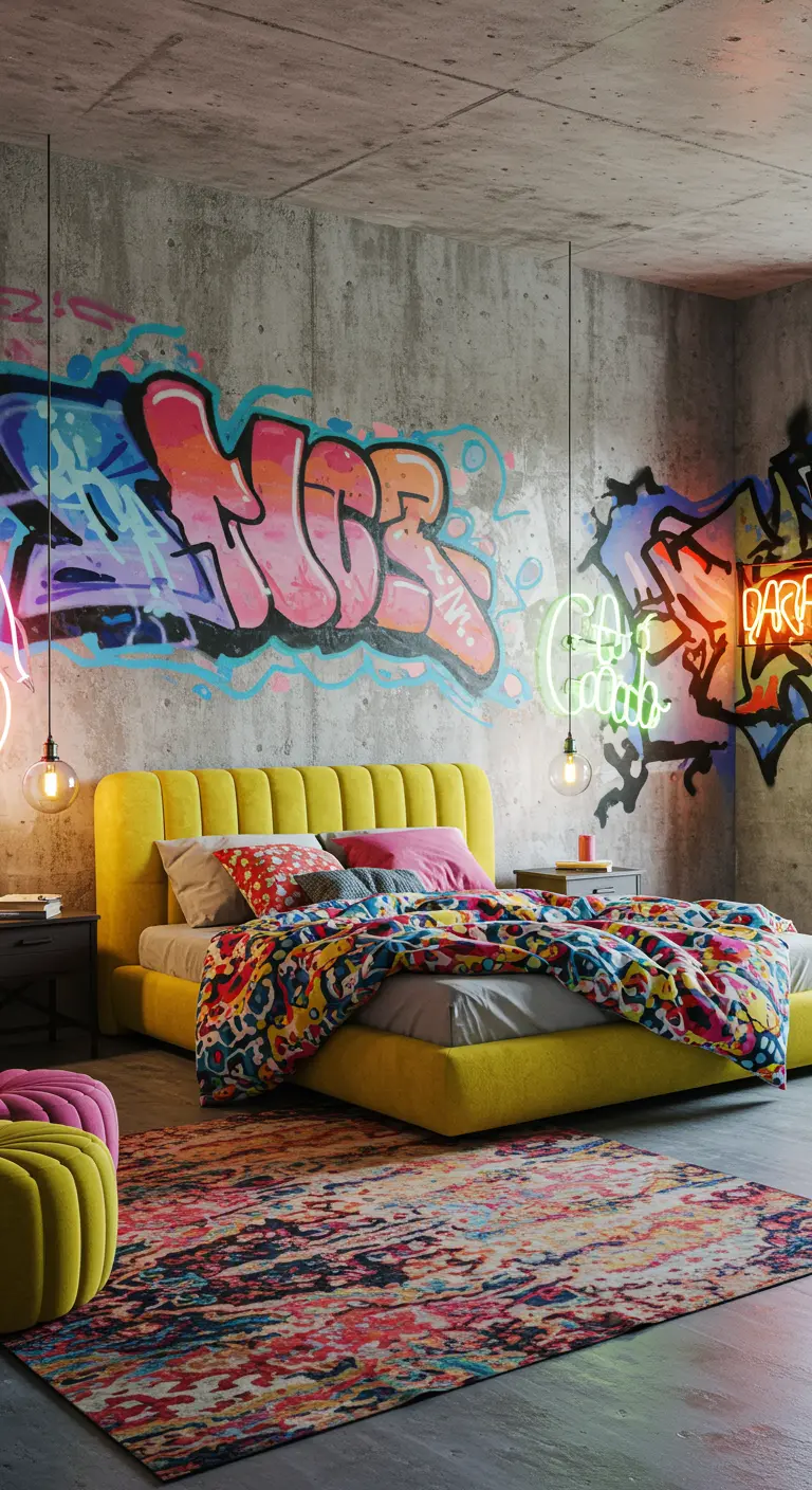 Urban slaapkamer met betonwand met graffiti, geel bed en neonlicht.