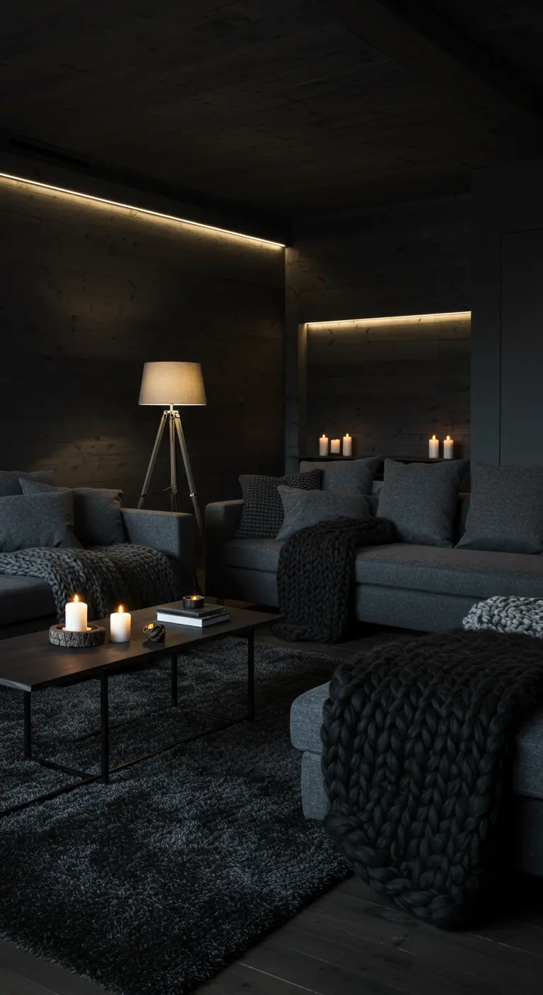 Donkere woonkamer in grafietgrijze tinten met indirecte verlichting en gebreide plaids.