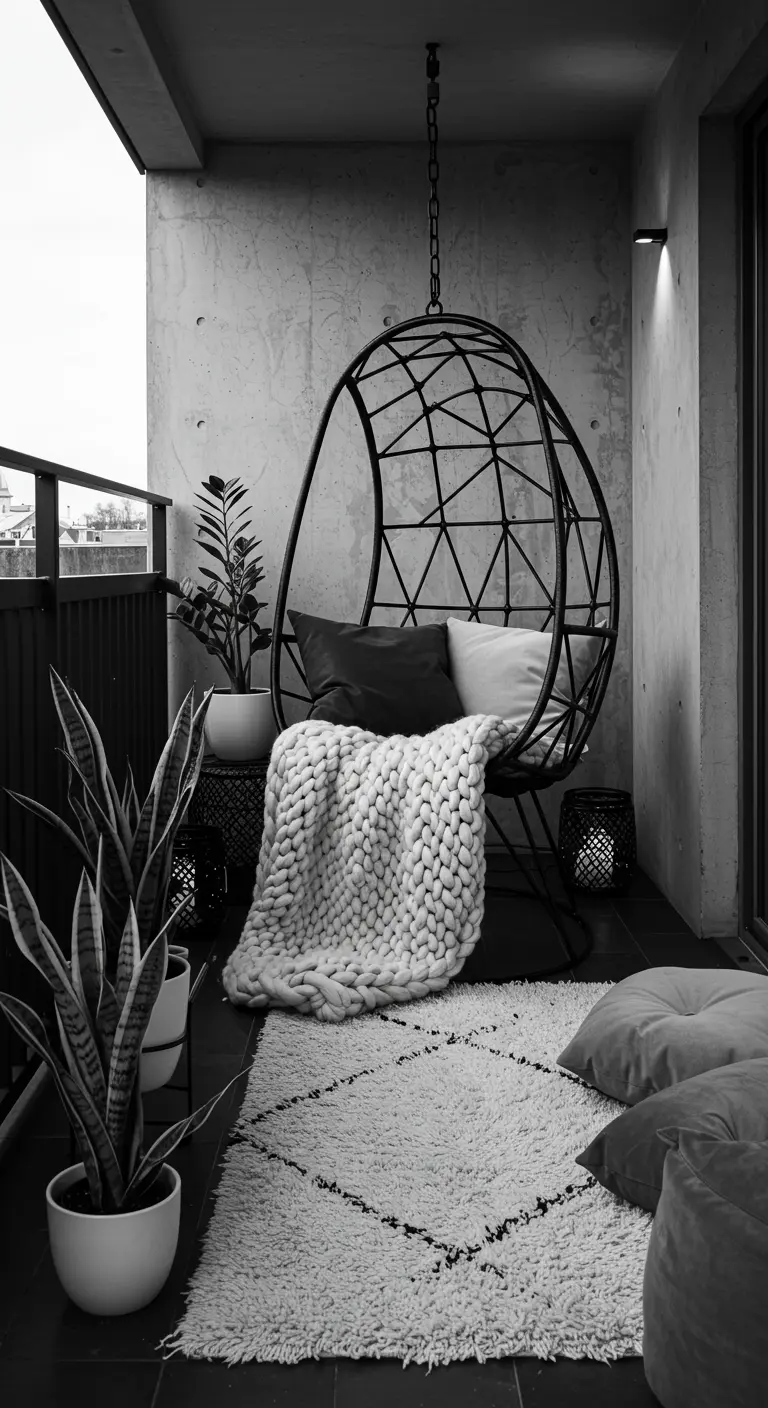 Zwart-wit balkon met metalen hangstoel, grof gebreid plaid en grafisch tapijt.