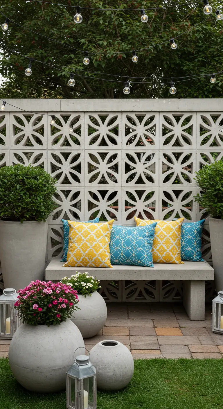 Betonnen bank voor decoratieve betonnen muur, met kleurrijke kussens en bloempotten.