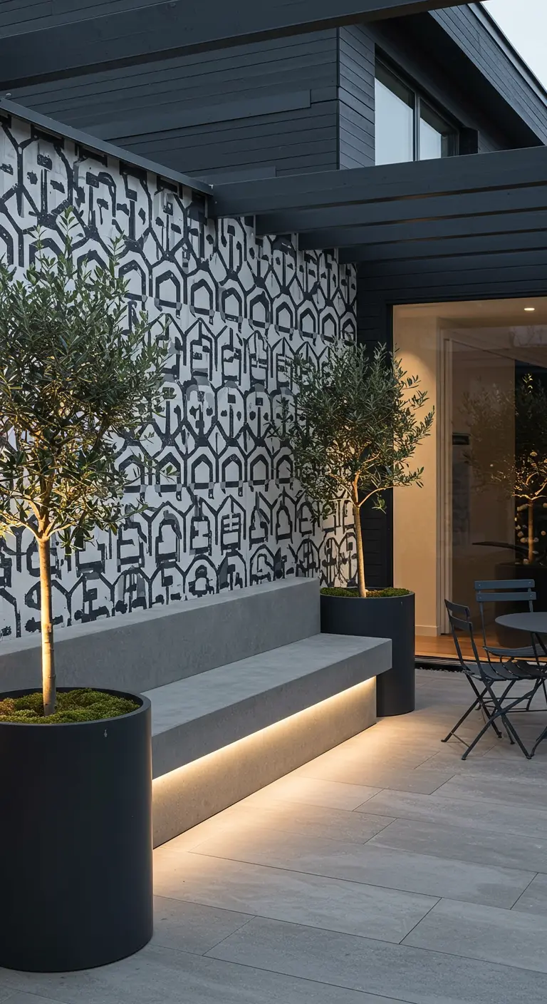 Moderne patio met zwart-wit geometrisch buitenbehang, betonnen bank met sfeerverlichting.