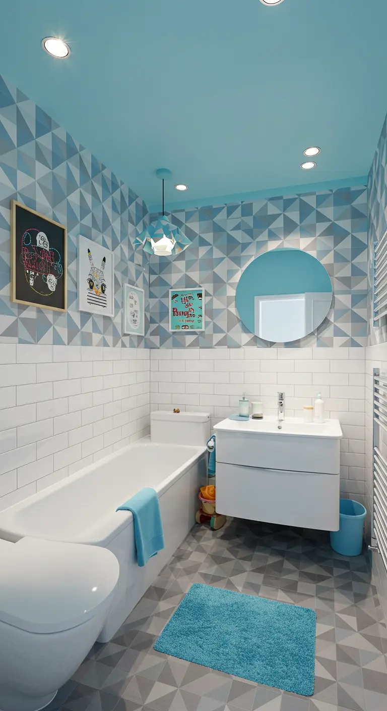 Moderne badkamer met lichtblauw plafond en geometrisch tegelpatroon.