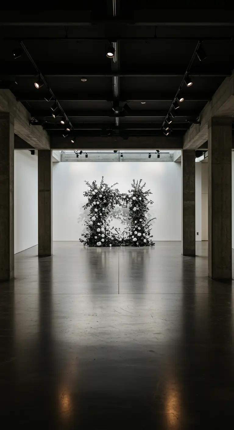 Minimalistische bloemenboog van donkergroene bladeren en witte bloemen in industriële hal.