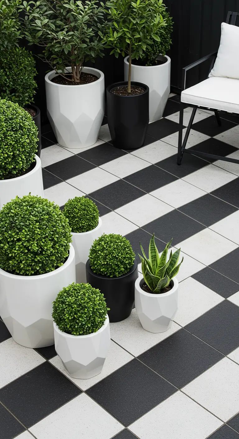 Zwart-wit geblokt tegelterras met zwarte en witte geometrische plantenbakken met buxusbollen en sanseveria.
