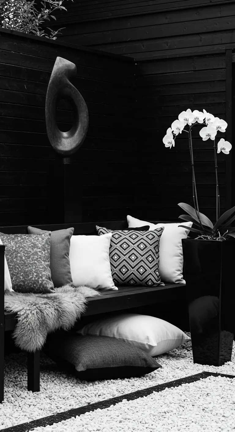 Zwart-witte styling van een tuinbank met grafische kussens en een orchidee.