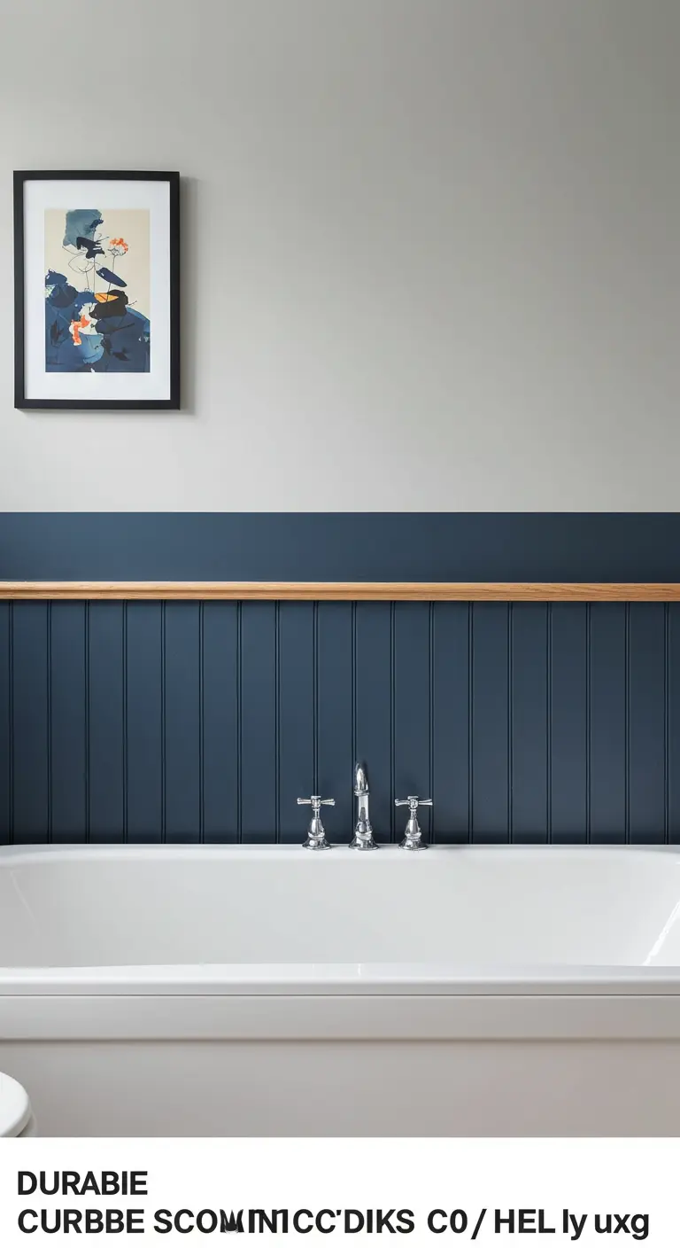 Badkamer met donkerblauwe verticale houten lambrisering en witte muur erboven.