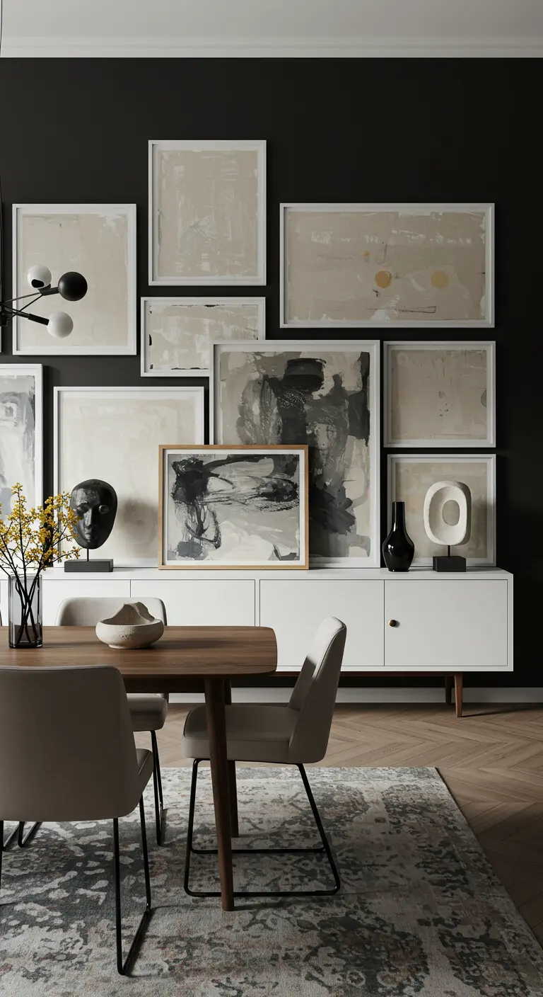 Moderne eethoek met een donkergrijze muur en een gallery wall van abstracte kunst in lichte tinten.