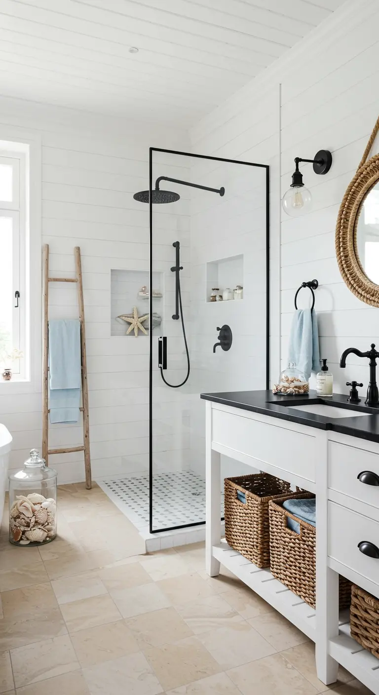 Witte badkamer met zwarte doucheset en frame, en houten wandpanelen.