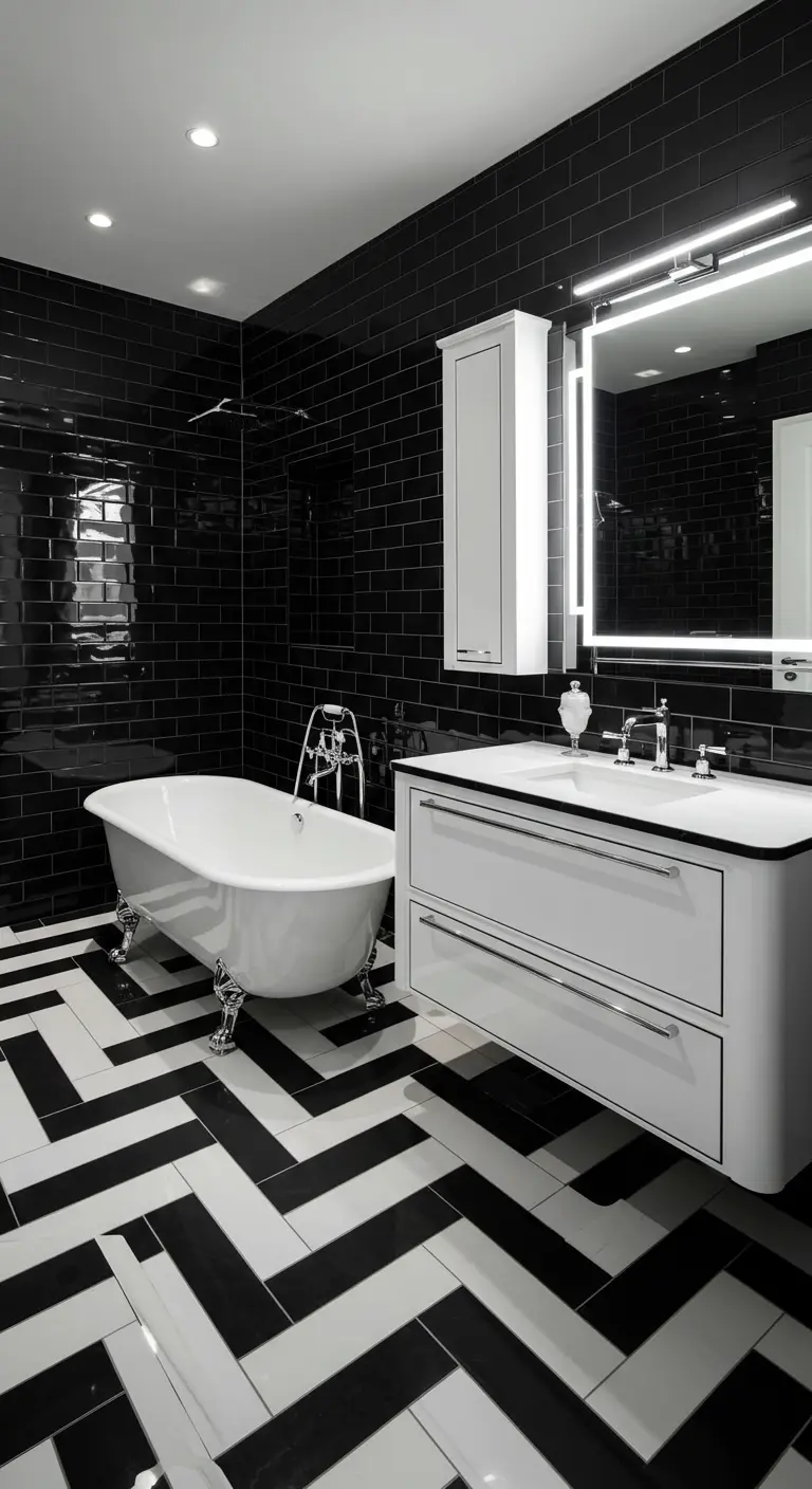 Zwart-witte badkamer met visgraatvloer, zwarte metro tegels en vrijstaand bad.