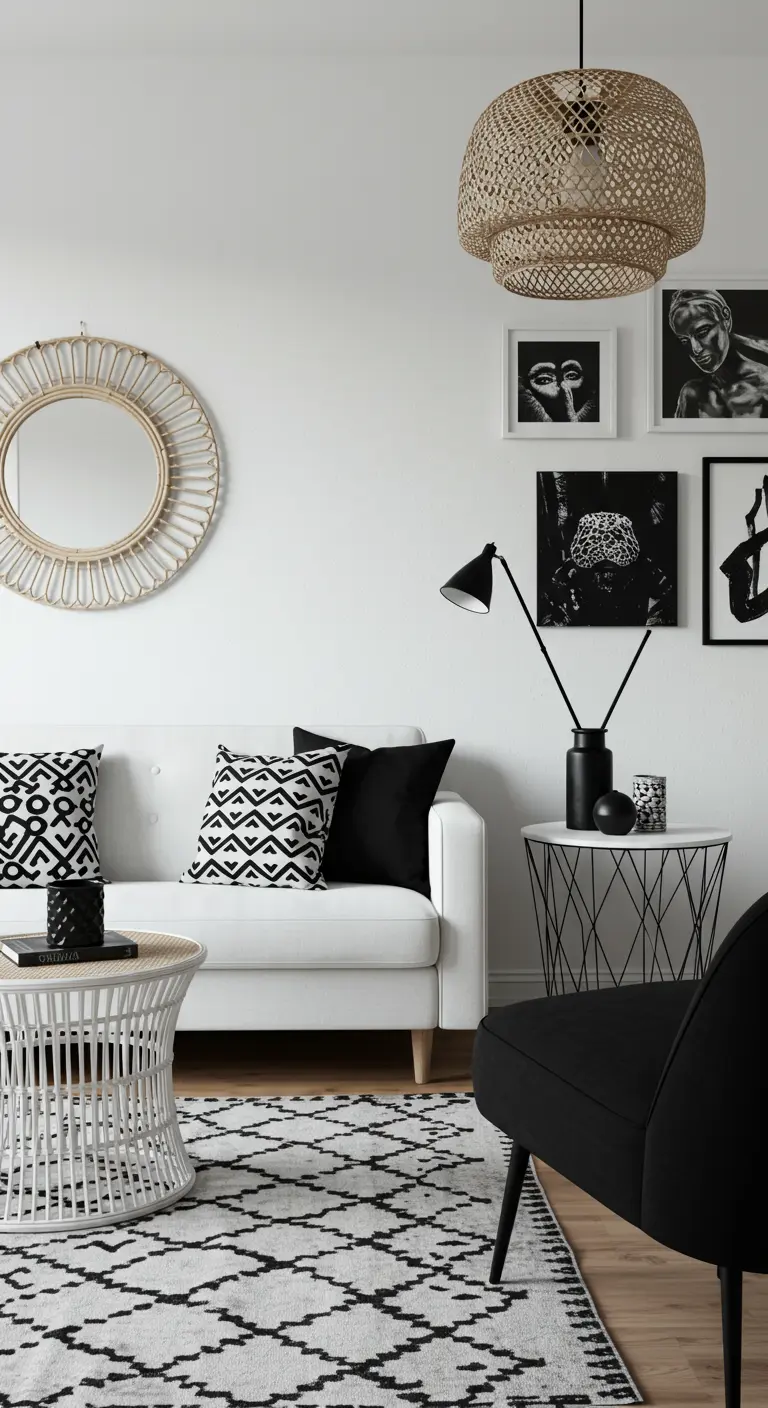 Zwart-witte woonkamer met ronde rotan spiegel, wit rotan tafeltje en grafische kussens.