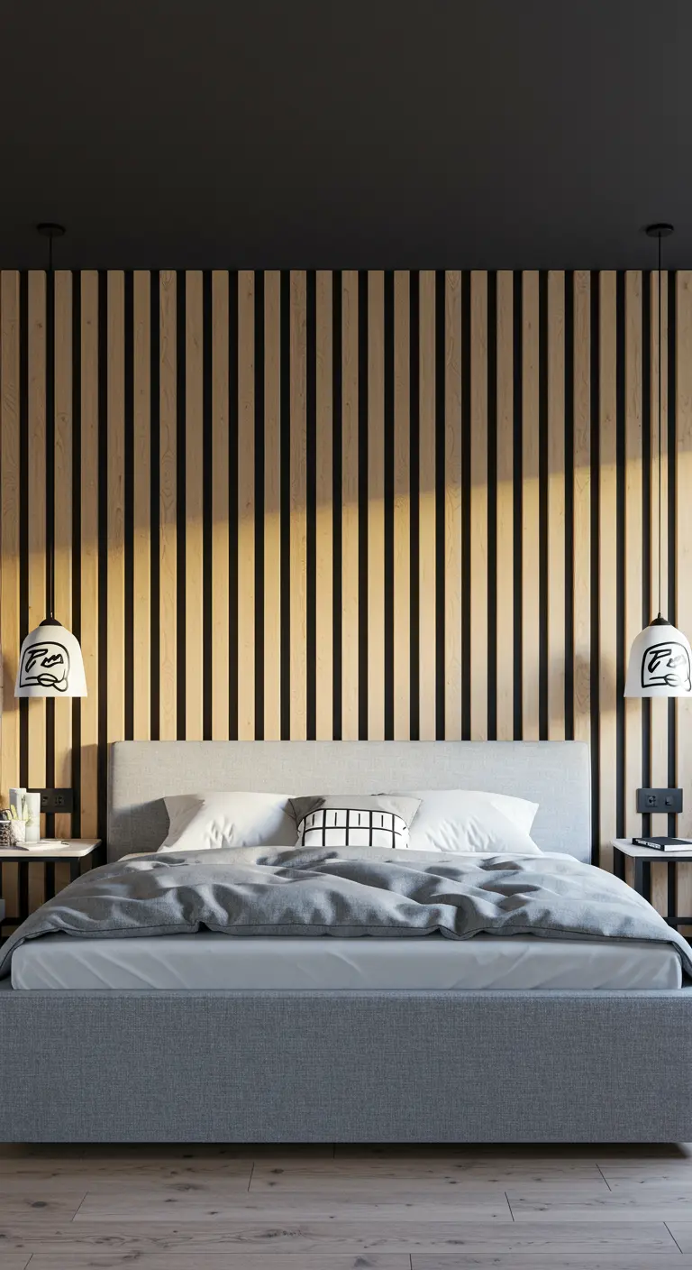 Lichte houten latten tegen een zwarte achtergrond, grafisch effect in moderne slaapkamer.
