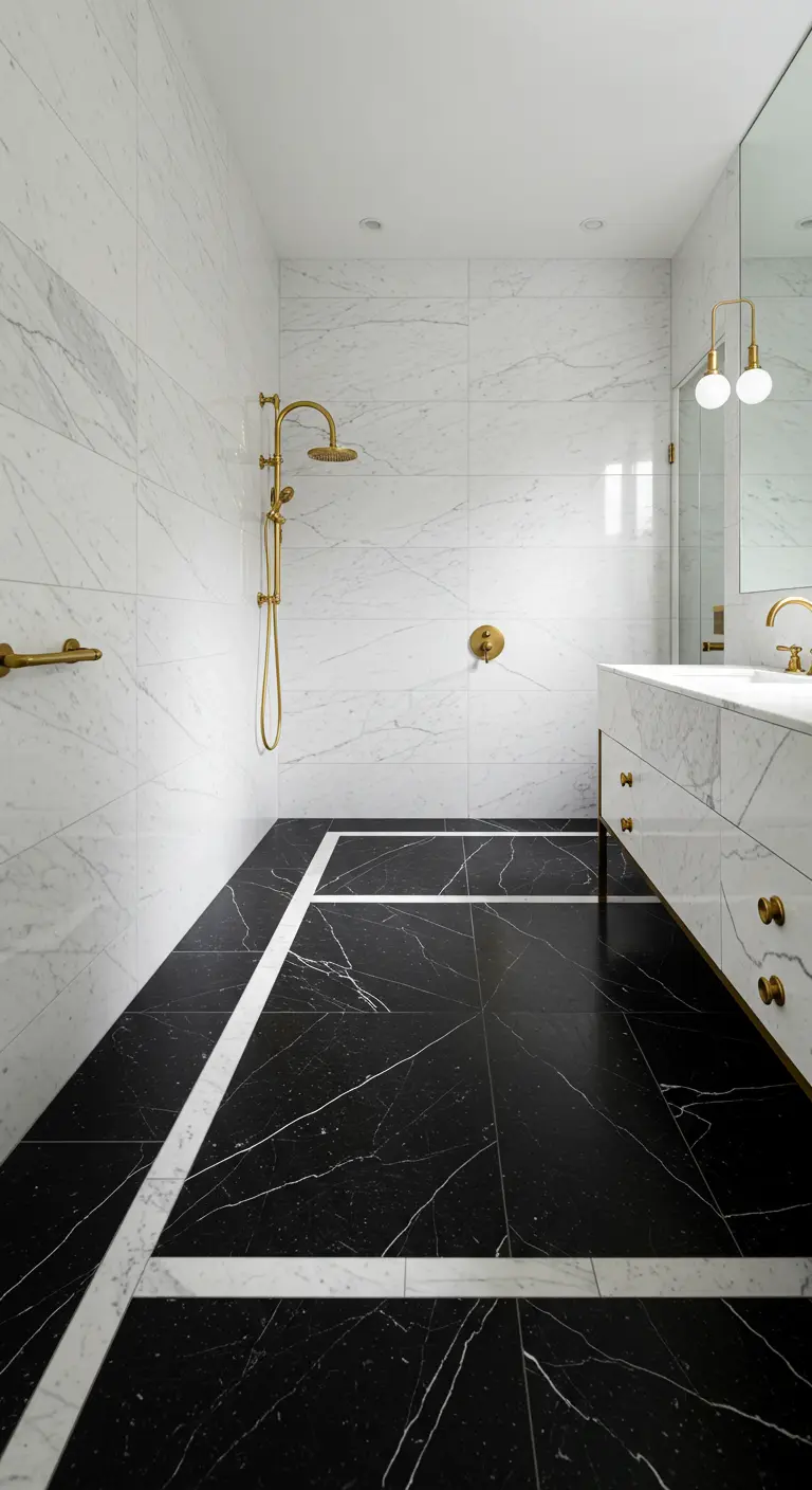 Badkamer met zwart marmeren vloer met witte banen, witte muren en messing details.