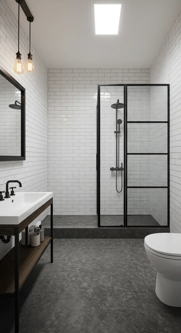 Industriële badkamer met witte metrotegels, zwarte douchewand en donkergrijze vloer.