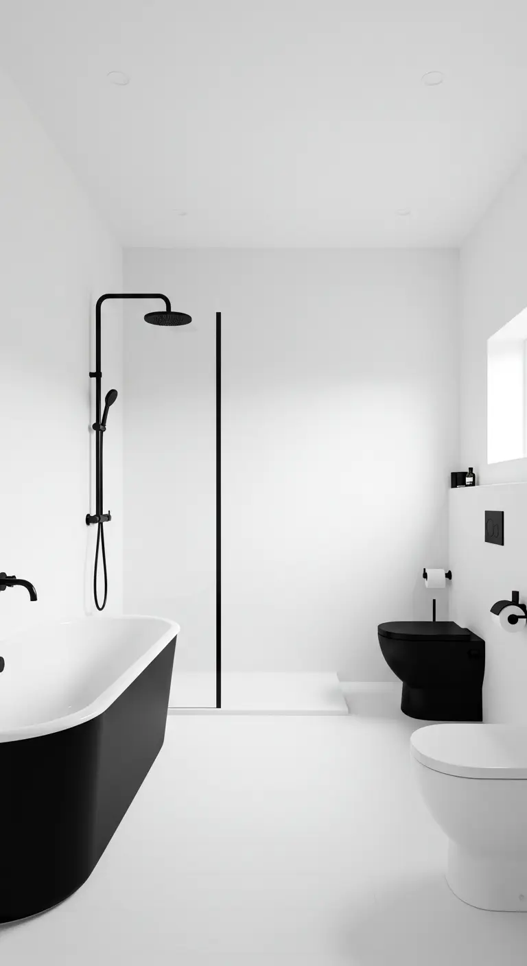 Ultra-minimalistische witte badkamer met zwart vrijstaand bad en zwart toilet.