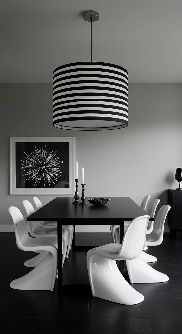 Grote cilindervormige hanglamp met zwart-witte strepen boven een zwarte tafel en witte designstoelen.