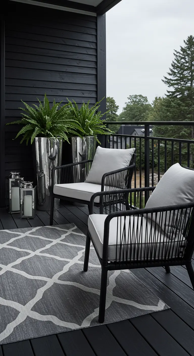 Zwarte rieten fauteuils met grijze kussens op een donker balkon met grafisch vloerkleed.