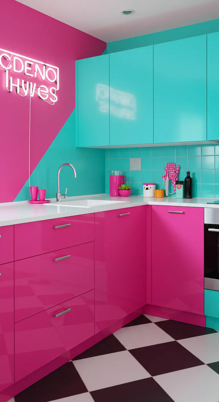 Gedurfde keuken met fuchsia en turkooizen kleurvlakken en een zwart-wit geblokte vloer.