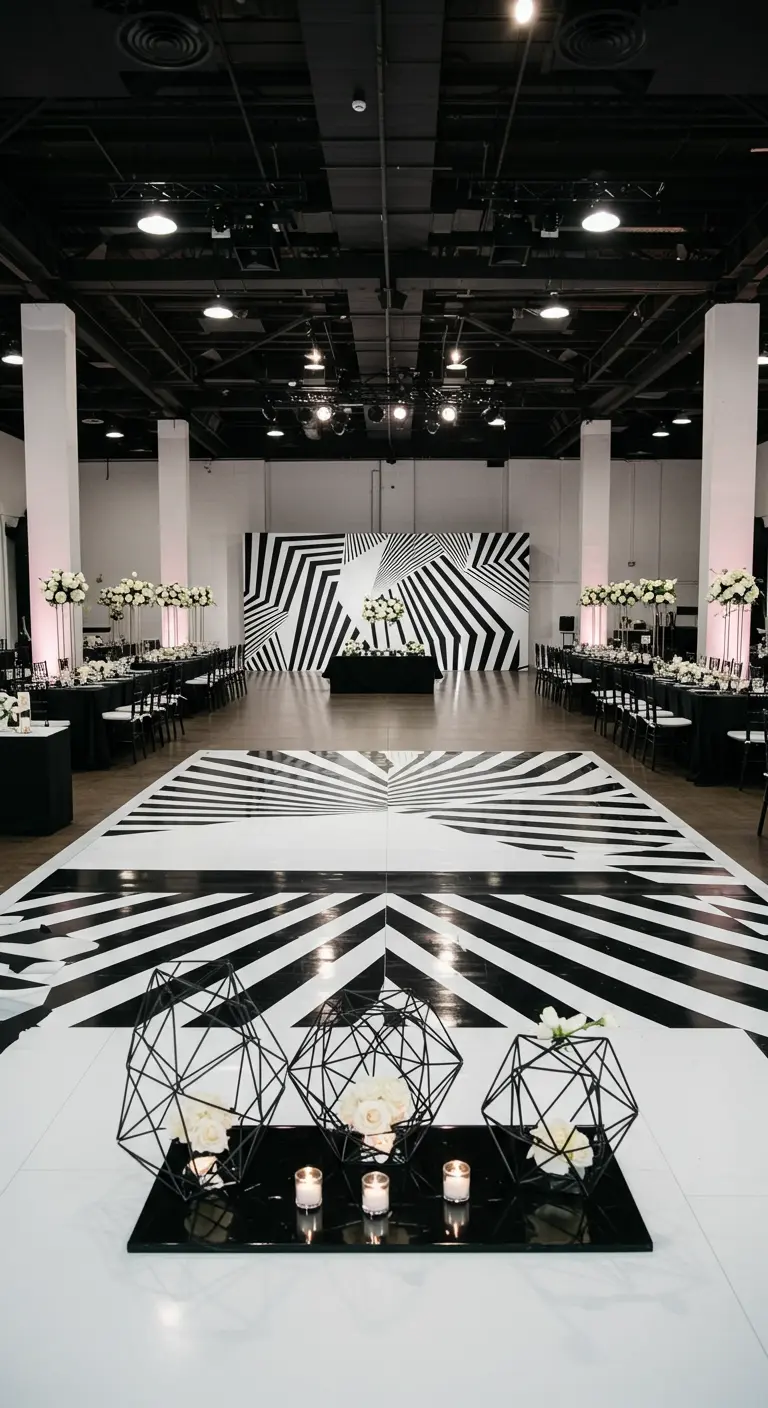 Moderne feestzaal met zwart-wit grafische dansvloer en decoratie.