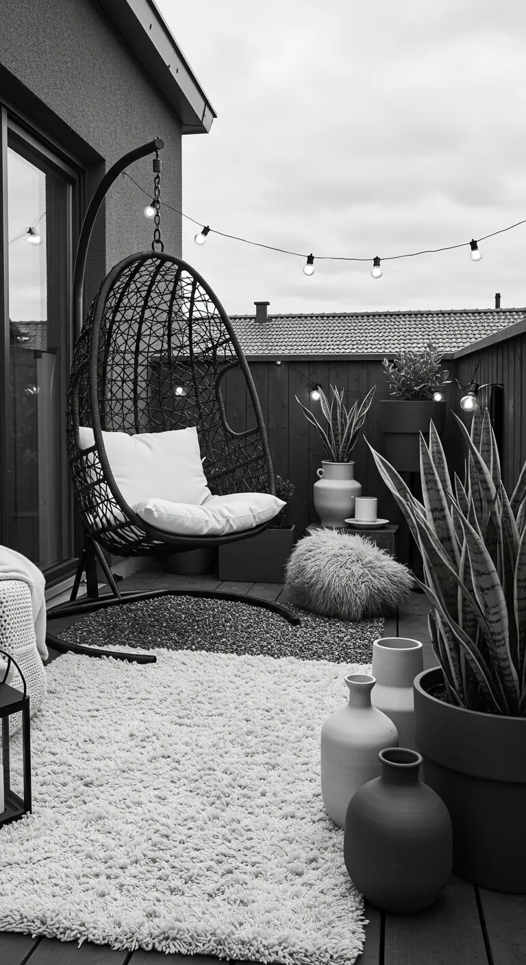 Zwarte ei-hangstoel met standaard op terras met wit kleed en sansevieria planten, monochroom.