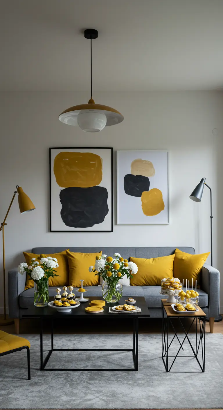 Moderne gender reveal met okergeel, grijs, zwart en abstracte kunst.