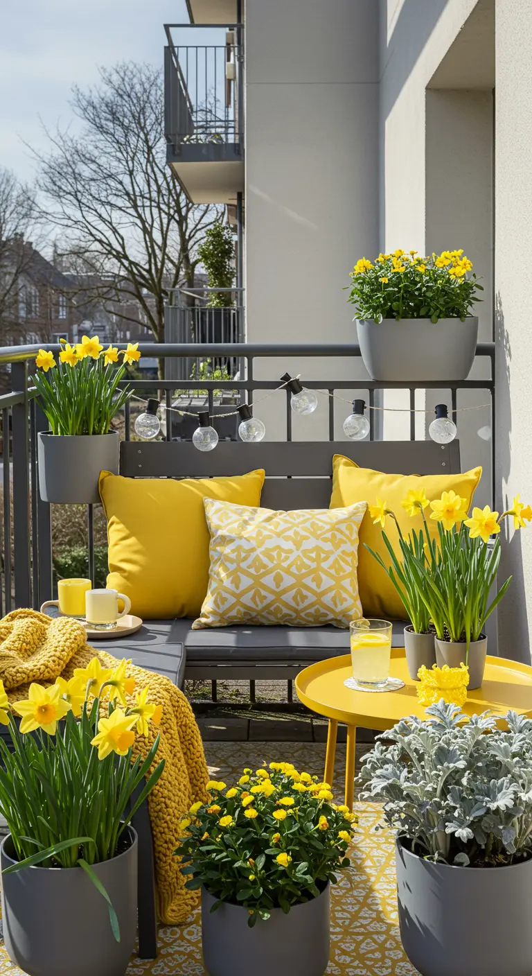 Modern balkon met grijze bank, gele kussens en accessoires, en gele narcissen.