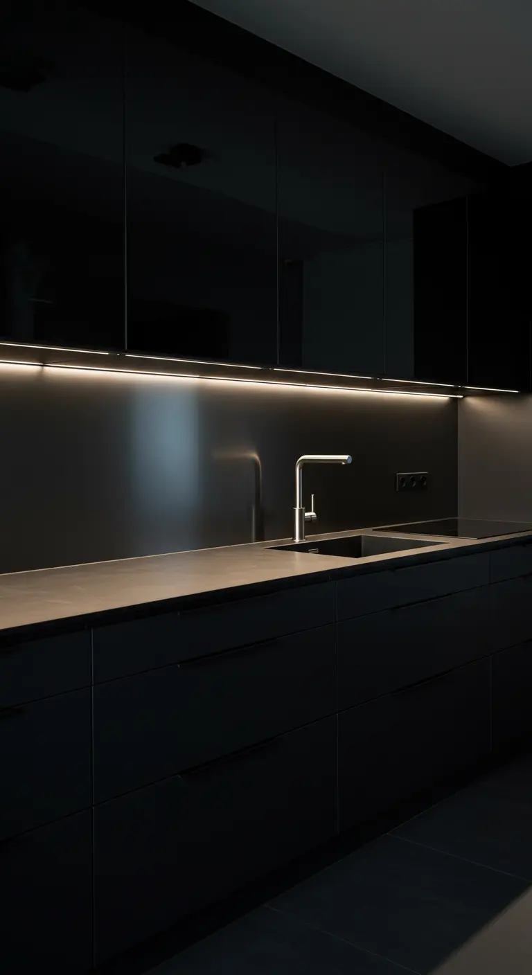Minimalistische zwarte keuken met een lange lijn glazen bovenkasten en subtiele verlichting.