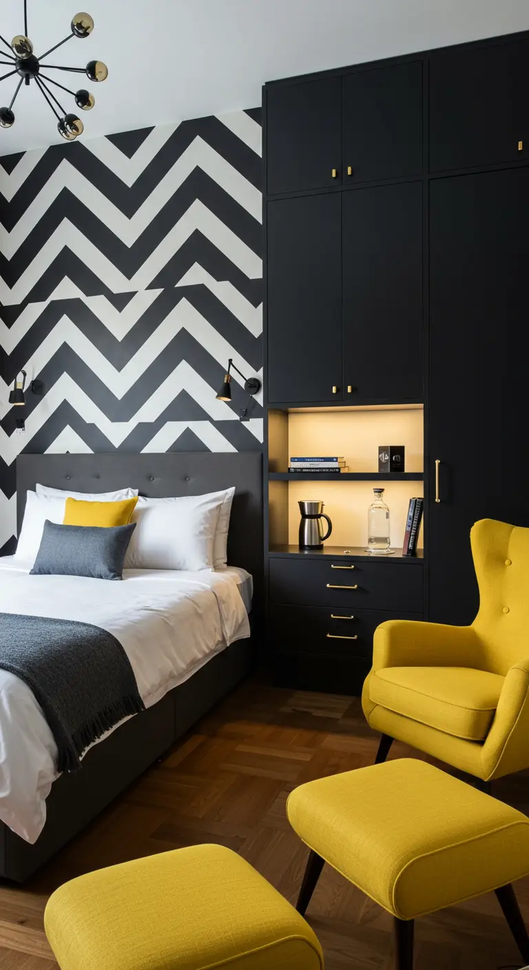 Moderne logeerkamer met zwart-wit chevron muur en gele accenten.