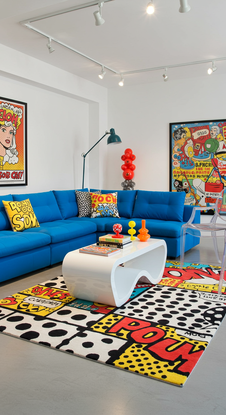 Moderne woonkamer met een felblauw bankstel en een stripboek-stijl vloerkleed.