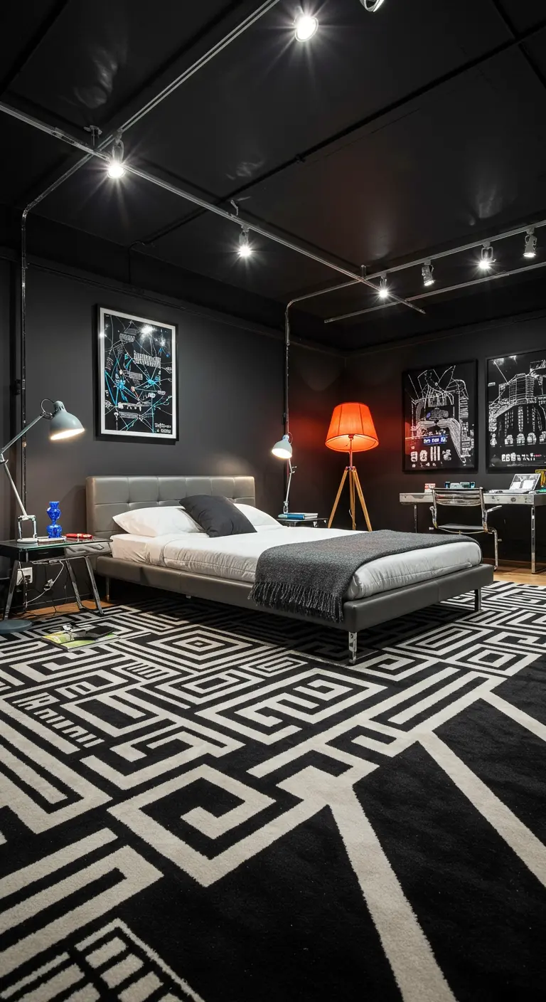 Donkere industriële slaapkamer met een groot zwart-wit grafisch tapijt.