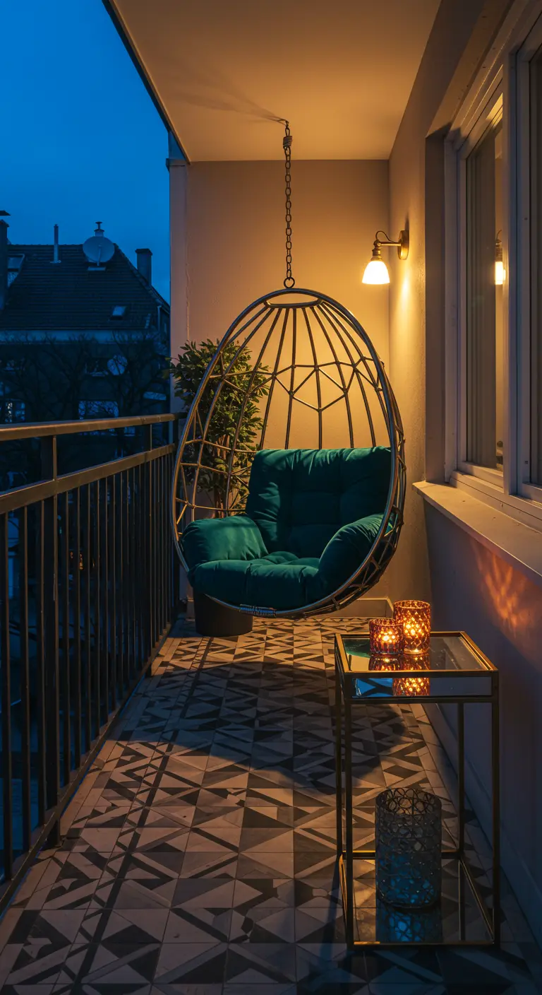 Balkon 's avonds met metalen hangstoel, blauwe kussens en grafische vloertegels.