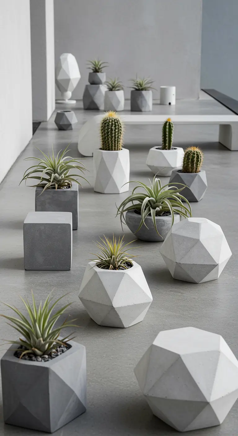 Collectie moderne, geometrische betonnen potten in grijstinten met kleine cactussen en luchtplantjes.