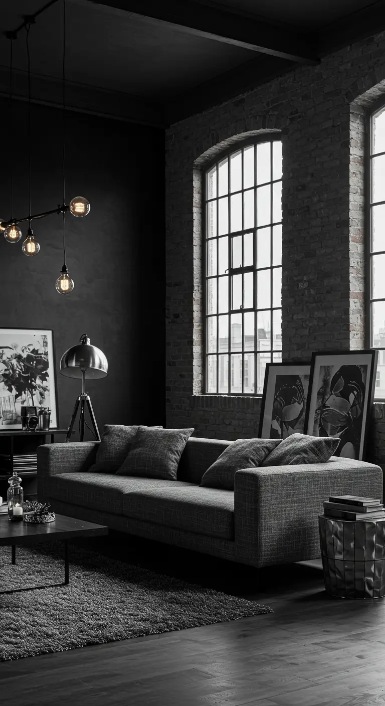 Industriële woonkamer in grijstinten met bakstenen muur, metalen lampen en grote ramen.