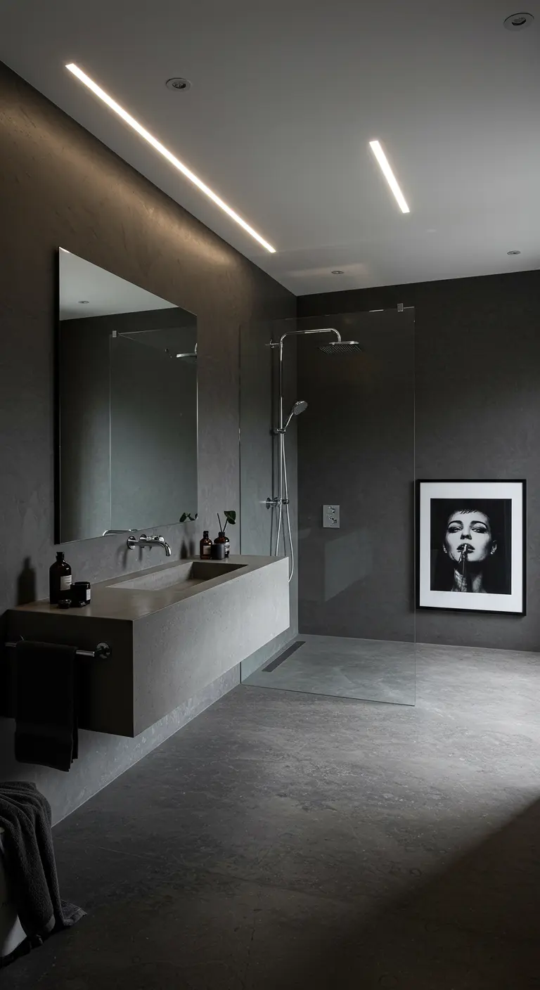 Moderne badkamer met donkergrijze betonlook muren en zwevend wastafelmeubel.
