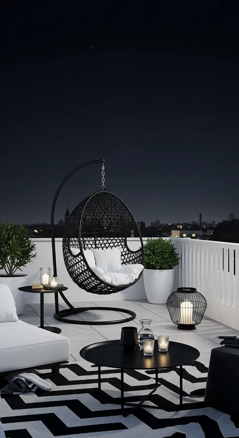 Zwarte eivormige hangstoel met witte kussens op een modern dakterras met zwart-wit styling.