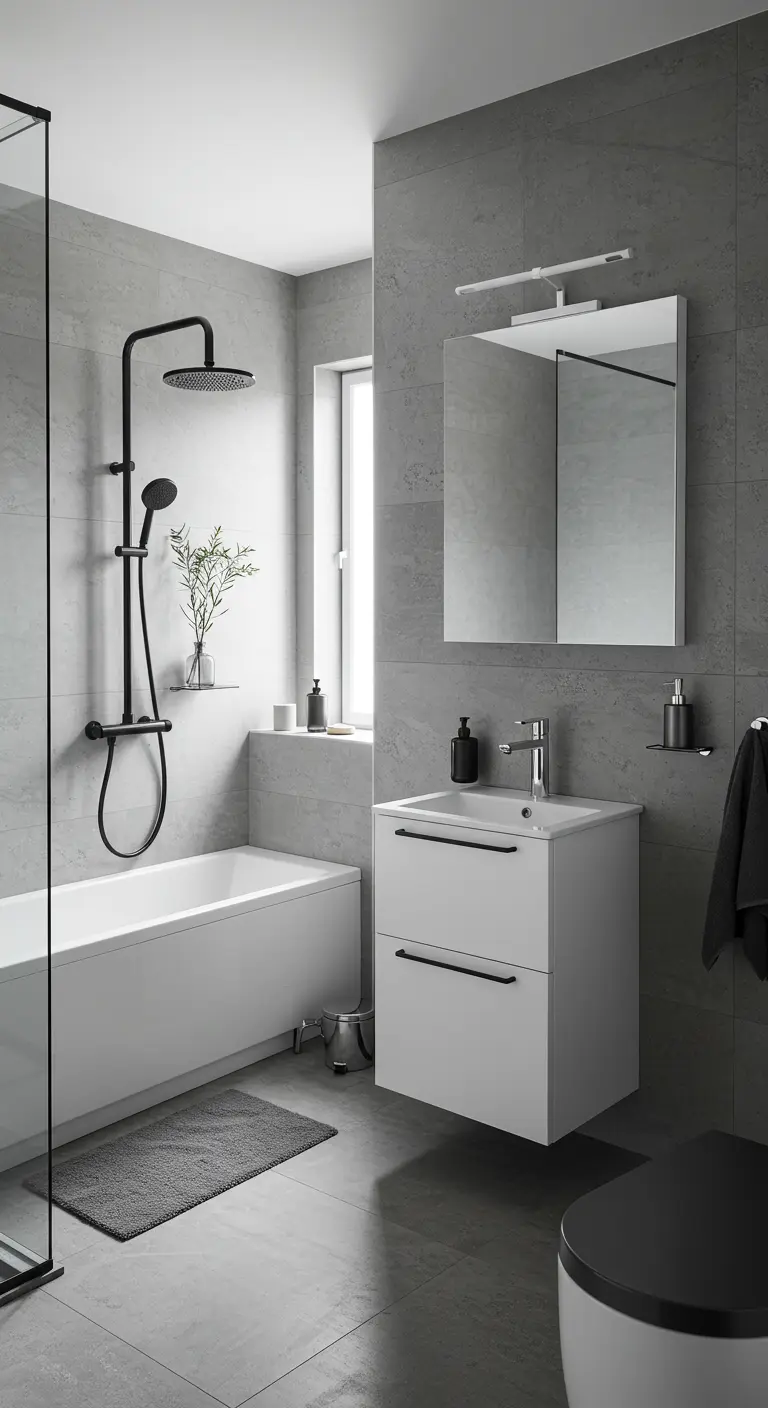 Moderne grijze badkamer met matzwarte doucheset en accessoires.