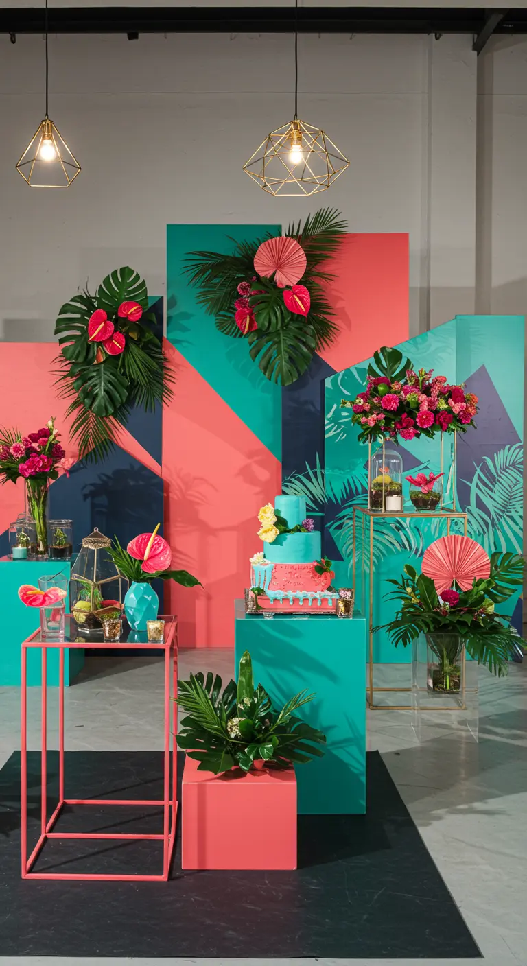 Moderne feeststyling met kleurblokken in koraal en turquoise, geometrische vormen en tropische planten.