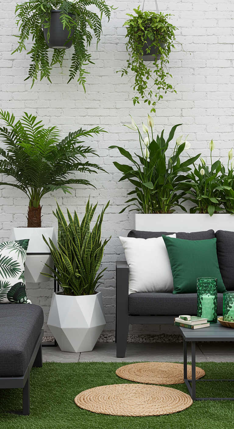 Modern balkon met donkere loungeset, witte muur, geometrische potten en diverse tropische planten.