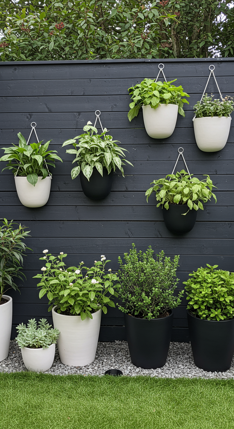 Donkergrijze schutting met moderne witte en zwarte hangpotten met groene planten.